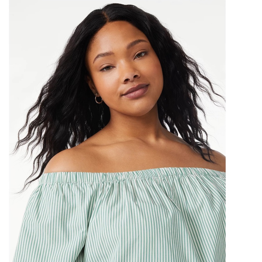 Free Assembly Elasticated Top Off Shoulder ¾-Sleeve Green & White Stripe Small - Picture 2 of 10